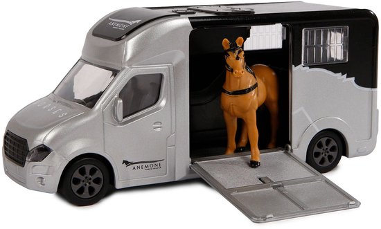 Zilveren paardentrailer met open laadklep en bruine paardfiguur. 'Anemone Horse Transporter' logo.