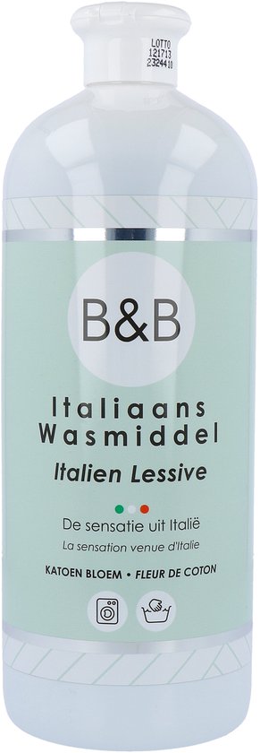 Witte fles met lichtgroen label. B&B logo en 'Italiaans Wasmiddel' in het Nederlands en Frans.