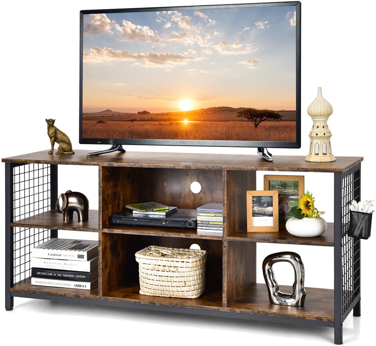 Costway TV-kast, lowboard met open vakken en opbergmand, tv-rek voor televisie tot 65 inch, televisiekast voor woonkamer, slaapkamer, industrieel design, 140 x 40 x 63 cm Rustiek bruin