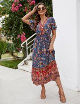 Zomerjurk voor dames, Boho maxi-jurken met korte mouwen, gesmokte strandjurk, lange bloemenjurk, volantjurk met ruches Donkerblauw M