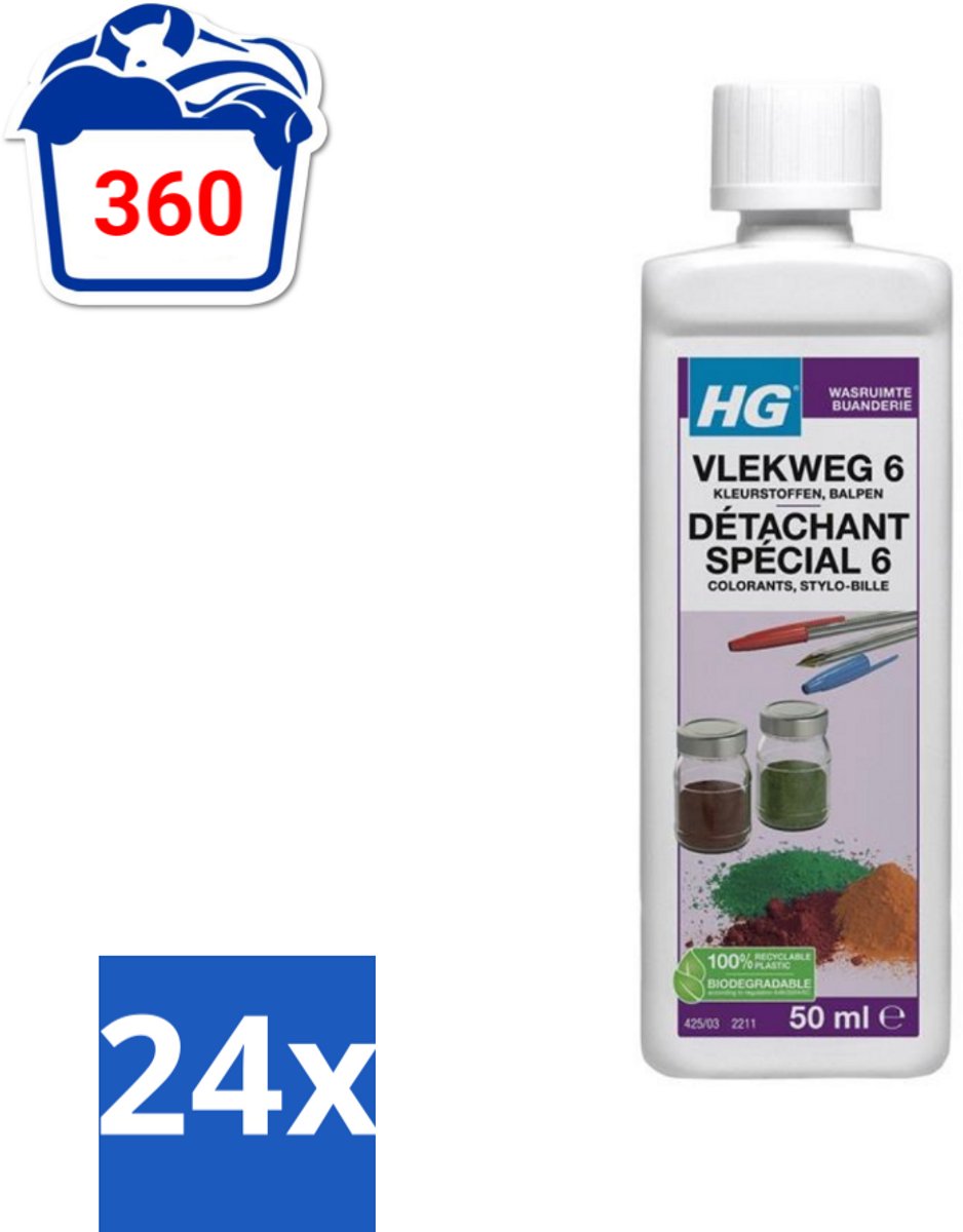 24 x HG - Wasruimte - Vlekweg 6 - Kleurstoffen & Balpen - 50 ml - Vlekkenverwijderaar - Hardnekkige Vlekken - Vlekken Uit Textiel - Balpen Vlekken - Kleurstoffen Vlekken