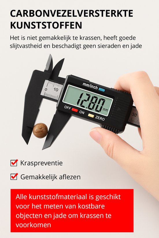 Digitale schuifmaat met koolstofvezel versterkte kunststof, 12.80mm meting van een rond object.