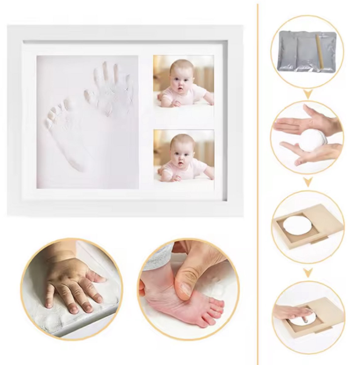 CHPN - Voetafdruk baby - Baby Voetafdruk en handafdruk in een fotolijstje - Baby-Fotolijsten met kleiafdruk - Kraamcadeau - Babyshower - Wit - Fotolijst met afdruk