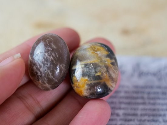 Twee ovale trommelstenen, één bruin met witte aderen, de ander geelbruin met zwarte patronen.