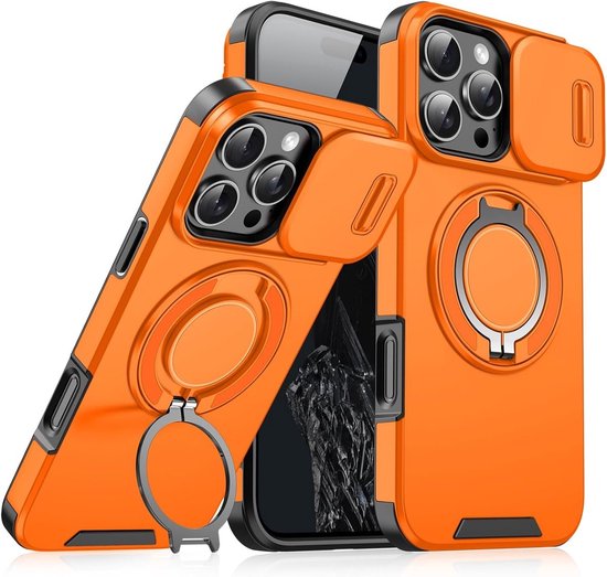 Coque Armor Tough [Support rotatif à 360°] [Compatible Magsafe] Convient pour : iPhone 14 Pro Max - Cache caméra coulissant intégré - Hybride - Oranje