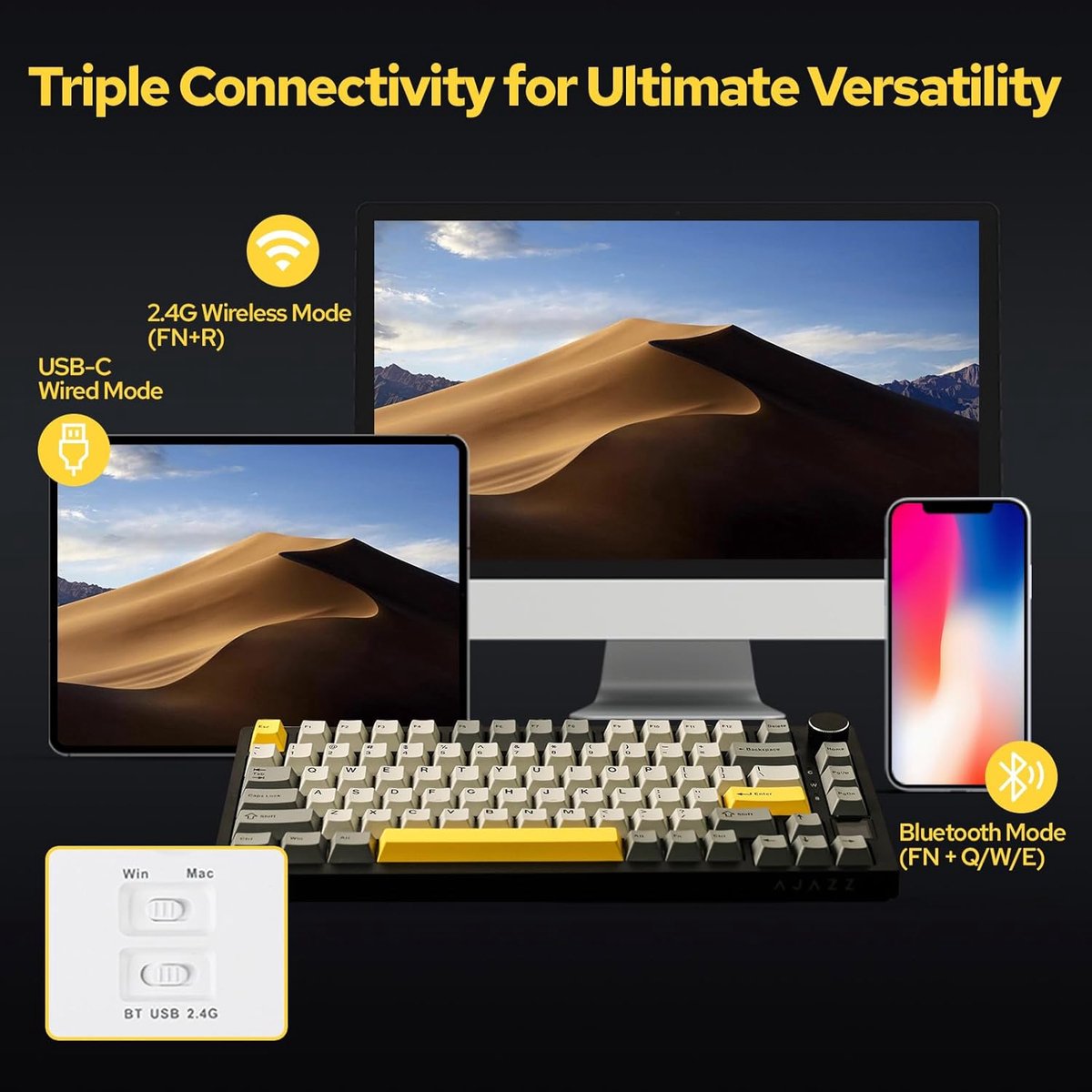 YINDIAO AK820PRO Mechanisch Toetsenbord met TFT Smart Display & Knop, 2.4G Draadloos/BT5.1/USB-C Bedraad,75% ANSI-Indeling,Hot-Swap,Lineaire Gift Switch,RGB-Licht,voor PC,MAC,PS4 (Paars