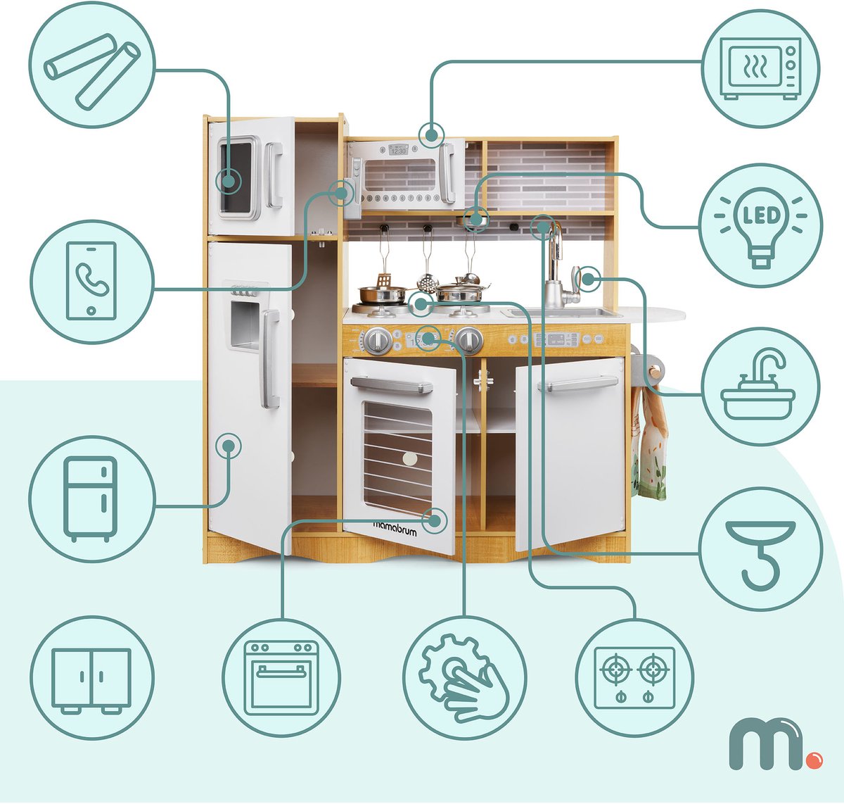 Mamabrum Houten Speelgoedkeuken XL - Kinderkeuken met accessoires - Speelgoed keuken incl pannenset, keukengerei, keukenschort, keukenset - Speelkeukentje voor kinderen vanaf 3 jaar — afbeelding 14