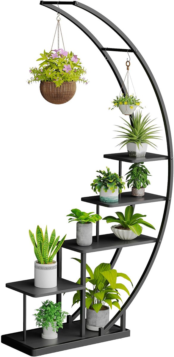 Ibenzoa® Stijlvolle Metalen Plantenstandaard met Halvemaan Design en Vijf Verdiepingen voor Binnen en Buiten