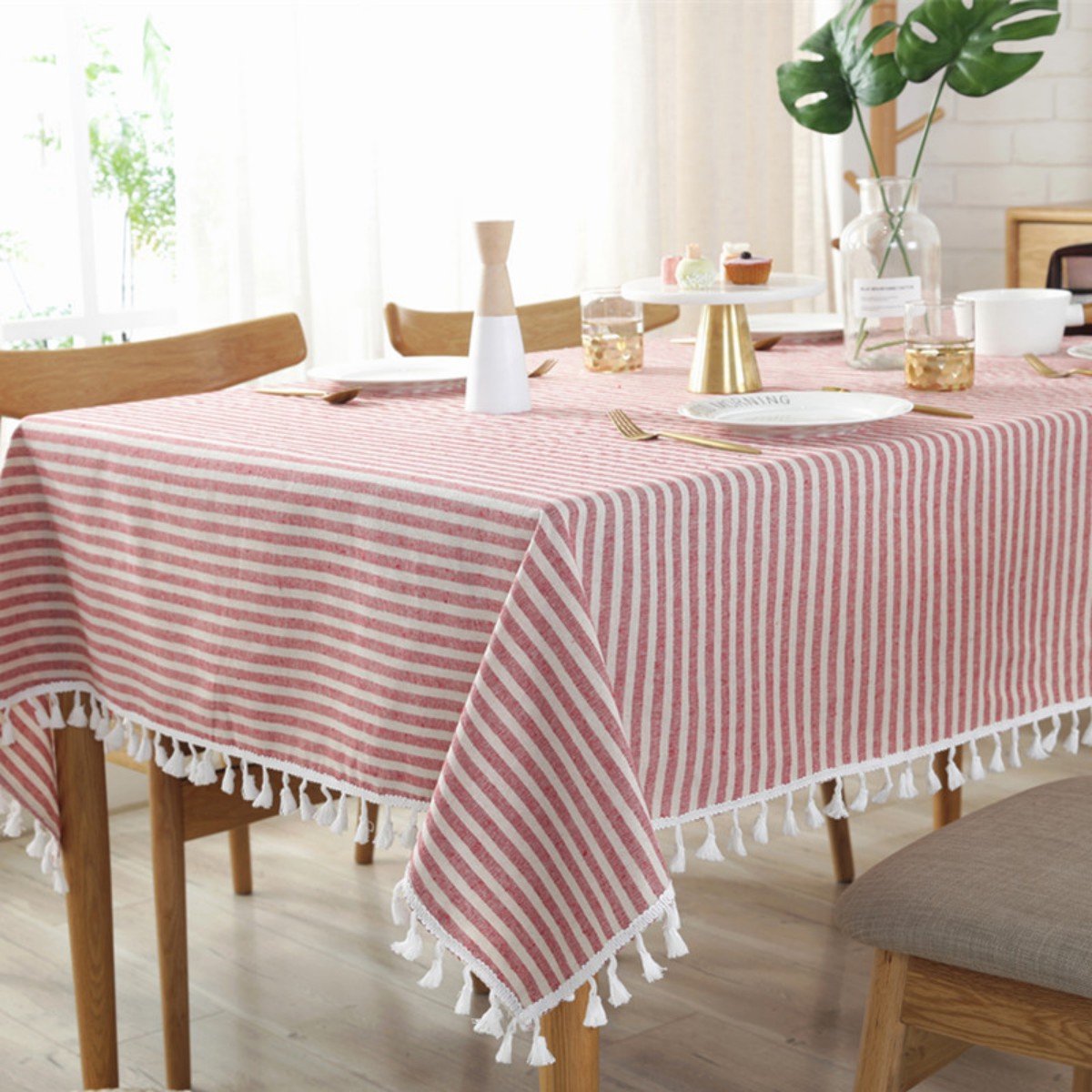 Tafelkleed van gestreept katoen linnen met kwastjes - Stofdichte tafelhoes - Rechthoekig tafelkleed - Verschillende maten - Geschikt als tafeldecoratie in de keuken en eetkamer (140 x 140 cm)