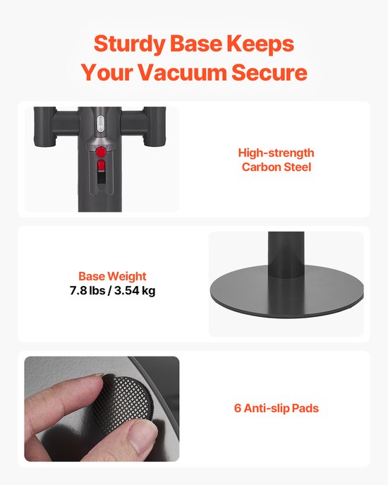 Details van de stofzuigerstandaard: houder met rode knop, zware ronde basis en anti-slip pads.