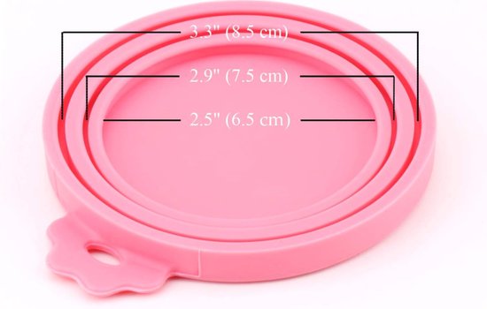 Roze siliconen blikdeksel met maatindicaties in inches en centimeters.
