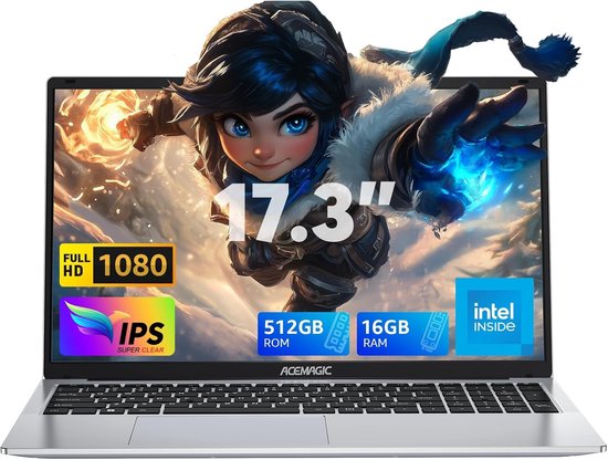 Acemagic AX17 IPS Full HD Laptop,17,3 inch, lntel Alder Lake N97 processor tot 3,6 GHz,16GB DDR4 RAM 512 GB SSD Windows 11 WiFi 5, BT5.0 Notebook ,Zilver