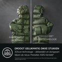 Groene donsjas, luchtdroog versus gedroogd met 3SCAN-technologie. Droogt dikke stukken gelijkmatig.