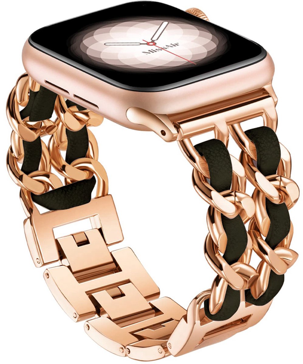 Stravo Lederen & Metalen Bandje – Geschikt voor Apple Watch 42mm(Series 11/10)/41/40/38mm – Verstelbaar metalen horlogebandje met echt leren details – Voor Apple Watch SE 1 2 3 / Series 11 10 9 8 7 6 5 4 3 2 1 – Roségoud/Zwart - Leer