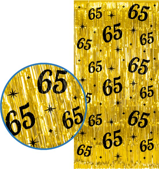Gouden feestgordijn met zwarte '65' opdruk en sterren.