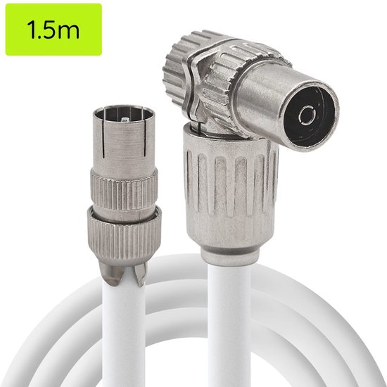 Câble coaxial blanc de 1,5 mètre avec connecteur mâle droit et connecteur femelle coudé.