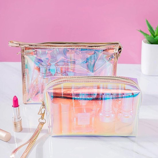 2 stuks laser-holografische make-uptas set - waterdichte opbergtas met ritssluiting voor vrouwen (groot + klein) in meerkleurig