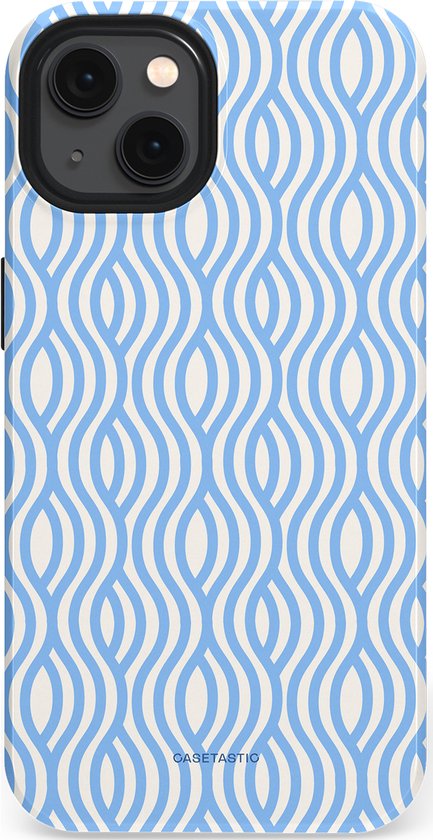 iPhone 13 hoesje met een doorlopend blauw-wit golfpatroon.