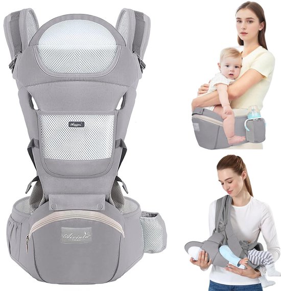 Porte-bébé ergonomique HAUSS SPOLE - Porte-bébé ventral Design - Porte Bébé avec maintien ergonomique - Pour usage quotidien et Voyages - Réglable de 3 à 20 kg - 100 % Katoen- Grijs