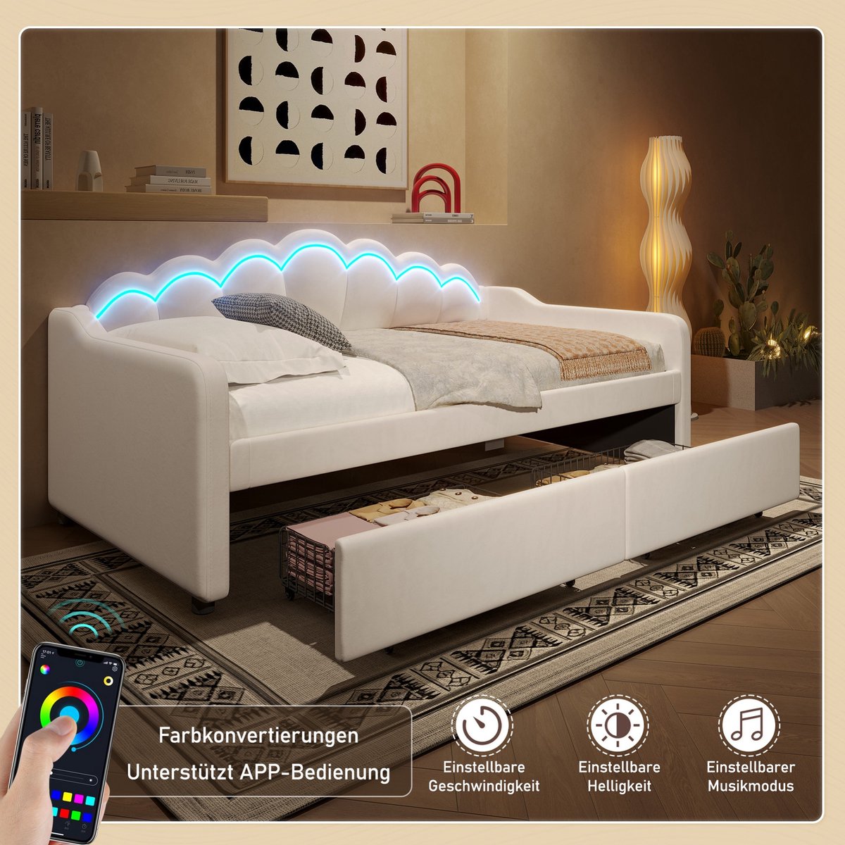 Lit avec tiroirs - 140x200 cm, lit double gris (matelas non inclus