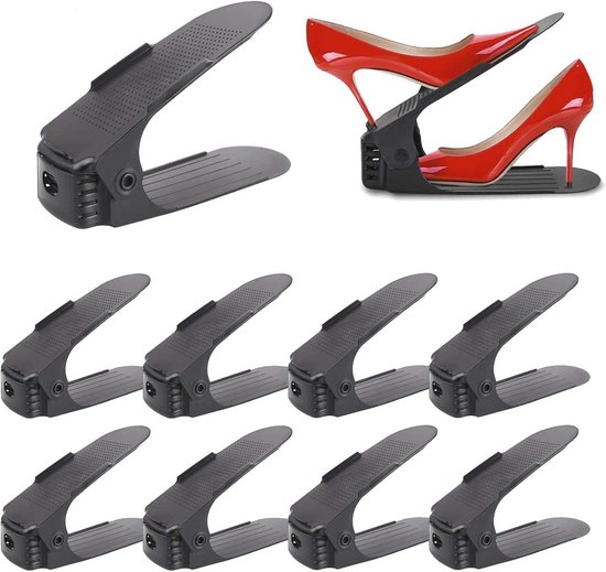TRMLBE 10 stuks schoenstapels, in hoogte verstelbaar op 3 niveaus, set met antislip houders van kunststof voor het opbergen van schoenen, zwart