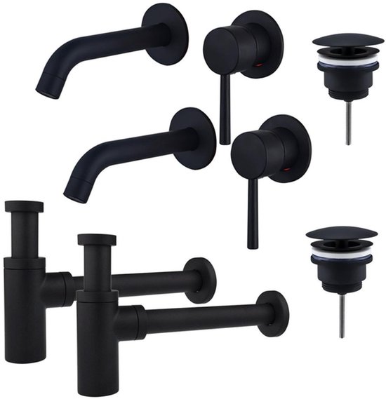 FugaFlow Eccelente Sobrado Bathroom Slim Ensemble de robinetterie pour lavabo - pour double vasque - robinet de lavabo intégré - bouchon toujours ouvert - siphon design - Noir mat - Black Friday -