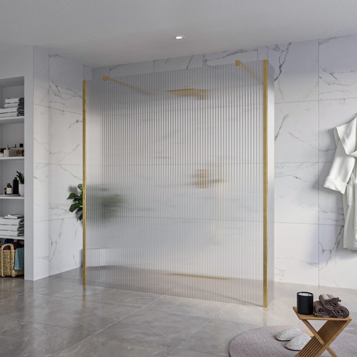 FugaFlow Eccelente Vetro Vrijstaande inloopdouche badkamer - 180x200cm - Helder geribbeld - antikalk - 8mm veiligheidsglas - 2 zijwanden 30cm - met wandarmen en hoekprofielen - Messing geborsteld (goud) -