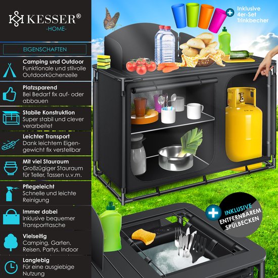 Kesser Campingkeuken - Opvouwbare Campingkast Met Aluminium Frame, Wastafel En Draagtas