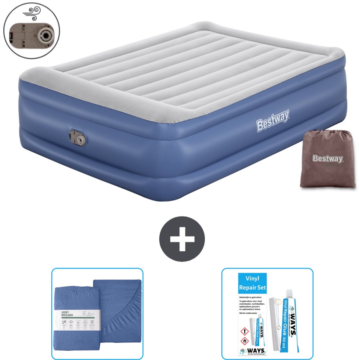 Bestway luchtbed - 2-Persoons - 152 x 203 x 56 cm - Grijs/Blauw - Inclusief pomp - Hoeslaken en Reparatieset