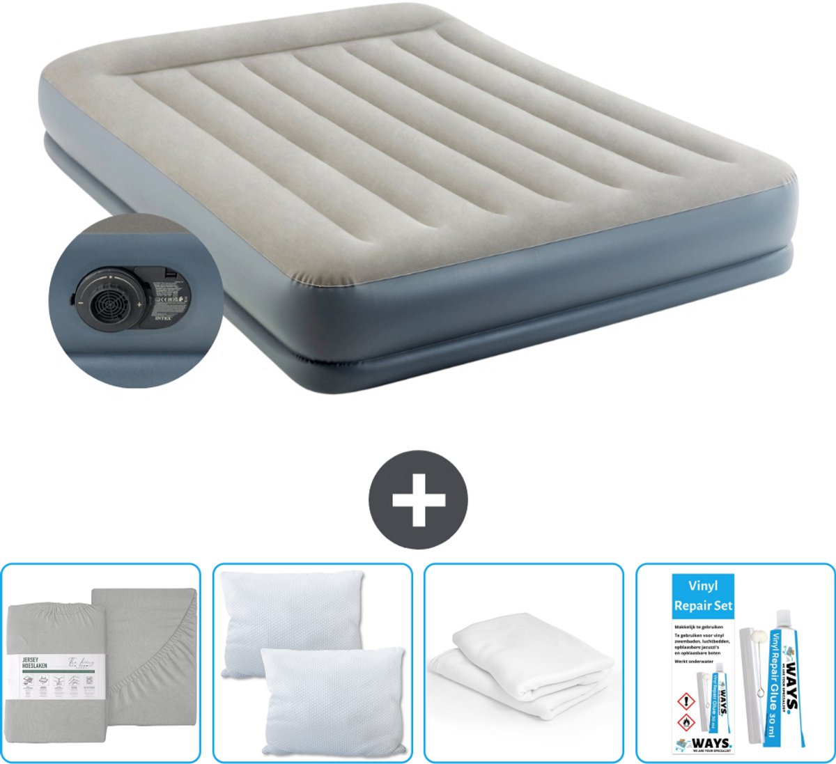 Intex Luchtbed - 2-Persoons - 152 x 203 x 30 cm - Grijs - Inclusief pomp - Hoeslaken - Kussen - Reparatieset en Kussenbeschermer