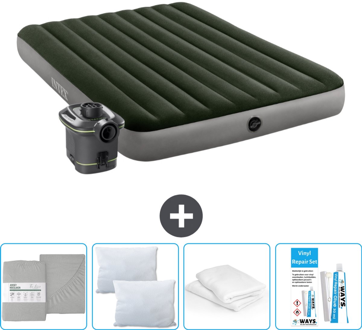 Intex Luchtbed - 2-Persoons - 152 x 203 x 25 cm - Groen - Inclusief pomp - Hoeslaken - Kussen - Reparatieset en Kussenbeschermer