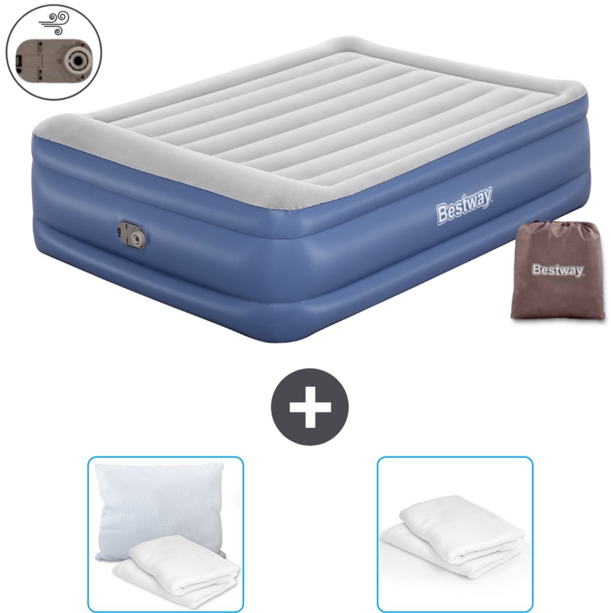 Bestway luchtbed - 2-Persoons - 152 x 203 x 56 cm - Grijs/Blauw - Inclusief pomp - Kussen en Kussenbeschermer