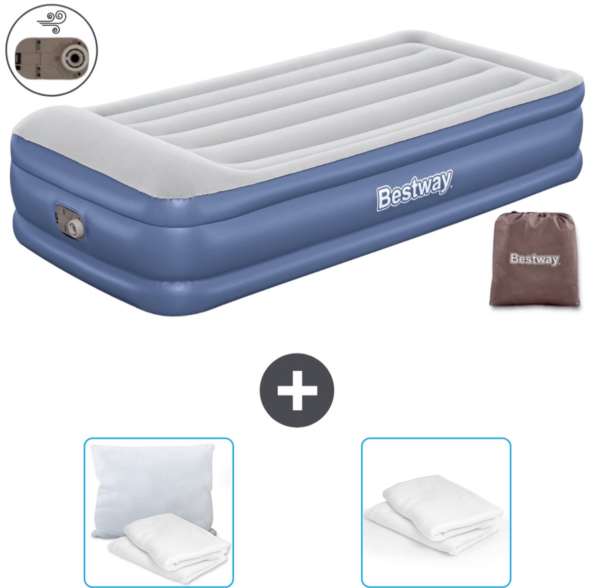 Bestway luchtbed - 1-Persoons - 97 x 191 x 46 cm - Grijs/Blauw - Inclusief pomp - Kussen en Kussenbeschermer
