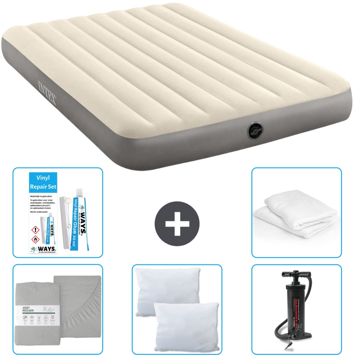 Intex Luchtbed - 2-Persoons - 152 x 203 x 25 cm - Beige - Inclusief Hoeslaken - Kussen - Pomp - Reparatieset en Kussenbeschermer