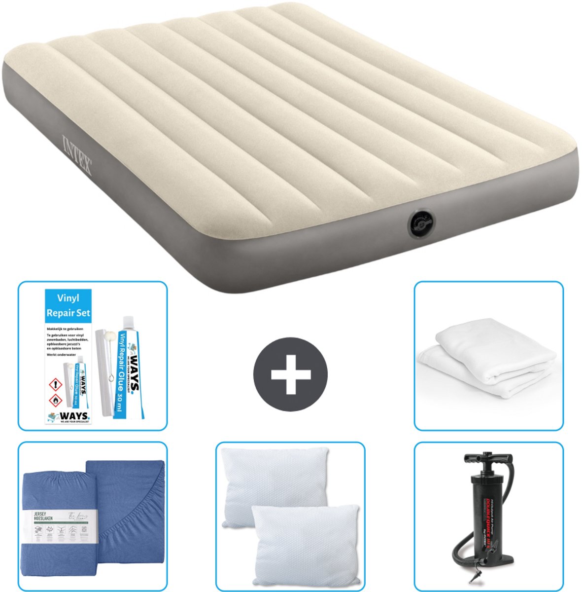 Intex Luchtbed - Twijfelaar - 137 x 191 x 25 cm - Beige - Inclusief Hoeslaken - Kussen - Pomp - Reparatieset en Kussenbeschermer