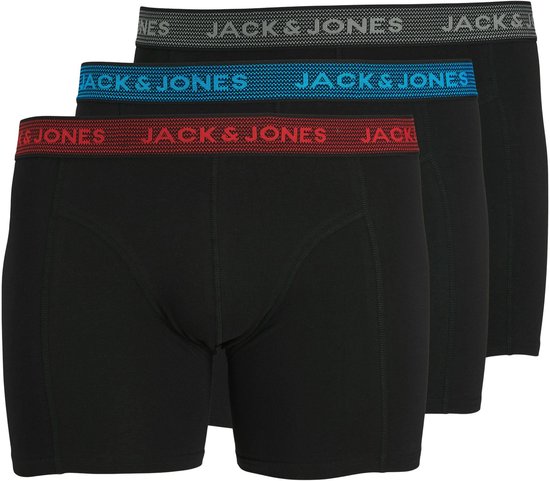 Drie zwarte boxershorts van Jack & Jones met gekleurde banden: grijs, rood en blauw.
