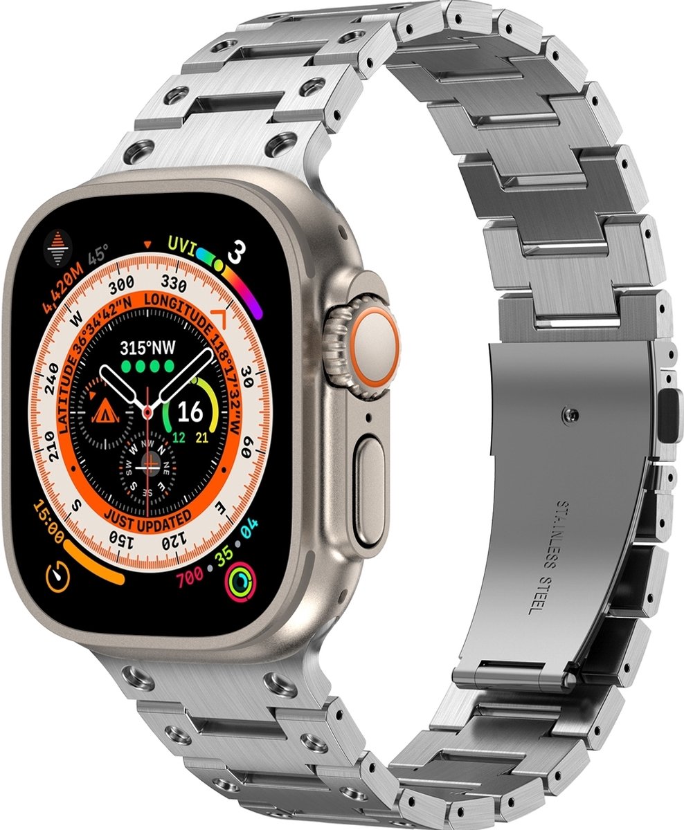 Mobigear Stalen Watch bandje geschikt voor Apple Watch Bandje Vouwsluiting | Mobigear Amsterdam - 42/41/40/38 mm - Zilver