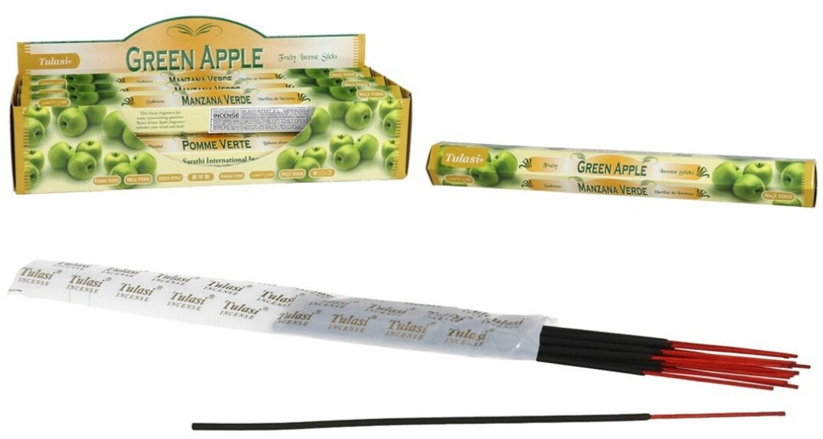 Tulasi Wierook sticks in huisgeur Green Apple - 40x sticks van 22 cm - Ontspannend - 24 grams - Ontspannend - Kalmerend - stokjes - appelgeur