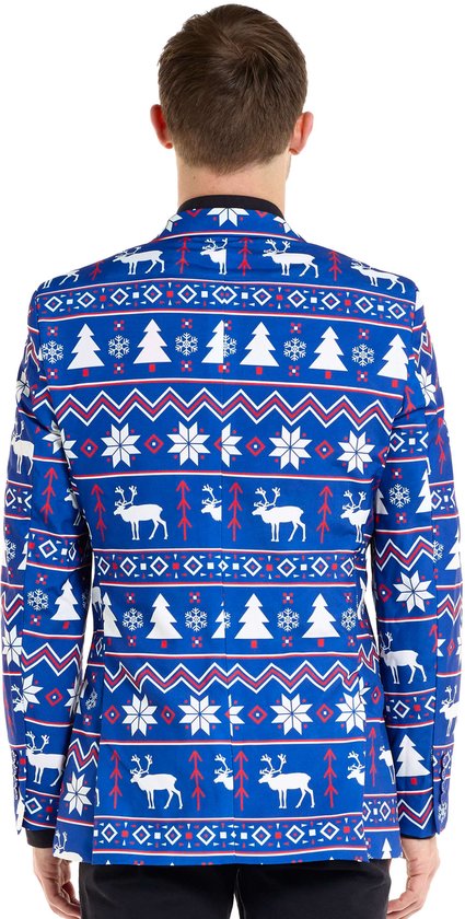 Blauwe blazer met kerstprint van rendieren, sneeuwvlokken en kerstbomen.