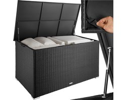 tectake® Aluminium wicker opbergbox - Outdoor kussenbox - Uitneembare binnenzak - Weerbestendig en afsluitbaar met deksel - Inclusief 2 handgrepen, deksel en gasveren - UV bestendig - Inhoud 750 l - Afmeting (LxBxH) 145 x 82,5 x 79,5 cm - Zwart