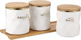 Boîtes à sucre, café et thé en céramique Witte avec couvercle et plateau - Ensemble de 3 boîtes hermétiques de conservation pour aliments avec couvercle en bambou pour comptoir