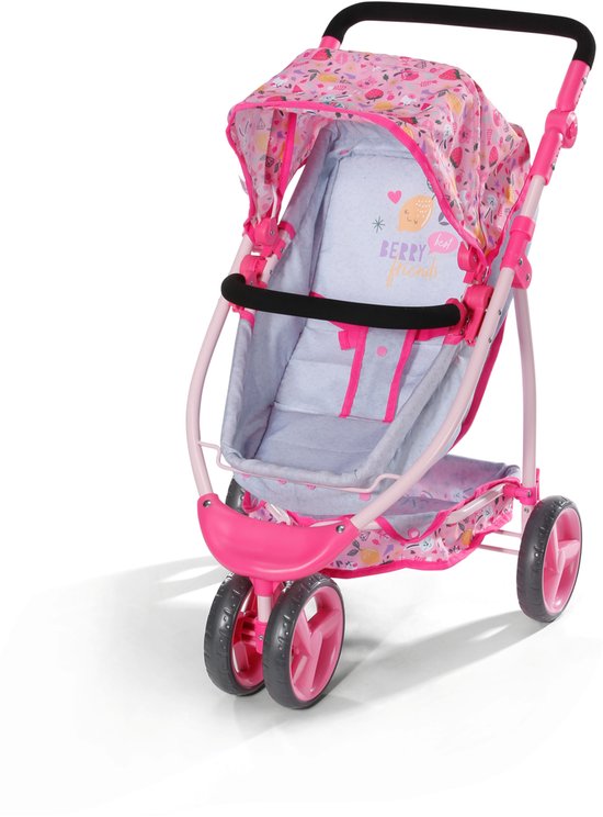 Roze poppenwagen met stippen en fruitprint, met verstelbare kap en mandje.