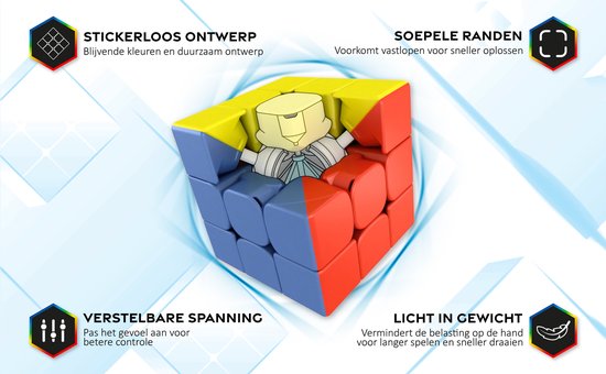 Een 3x3 kubus met blauwe, gele, rode en witte zijden, met een cartoon figuur in het midden. Tekst: "STICKERLOOS ONTWERP", "SOEPELE RANDEN", "VERSTELBARE SPANNING", "LICHT IN GEWICHT".