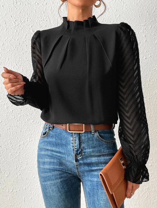 Elegante blouse, damesblouse met coltrui, geplooide top, mesh mouwen, volant, lange mouwen, casual, losvallend, effen kleur, elegante blouses voor op kantoor