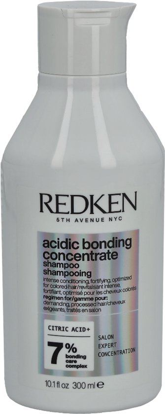 Bouteille blanche de shampooing Redken Acidic Bonding Concentrate, 300 ml.
