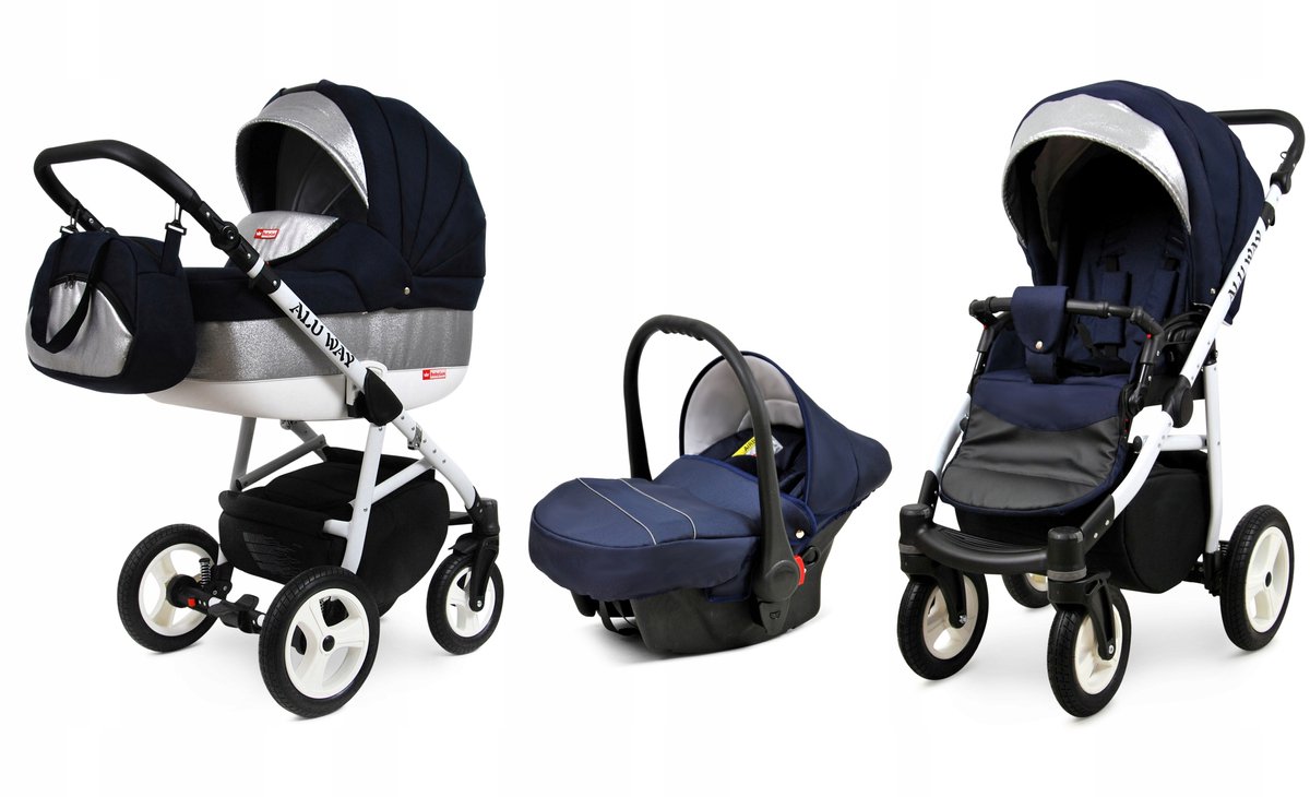 BabyLux® Kinderwagen 3in1 – ALUWAY - BLUE SHINE - Opklapbare Wandelwagen incl. Reiswieg, Multifunctionele Buggy Sportstoel, Autostoel - Combi-kinderwagen met Luiertas, Regenhoes, Klamboe, Bekerhouder, etc.