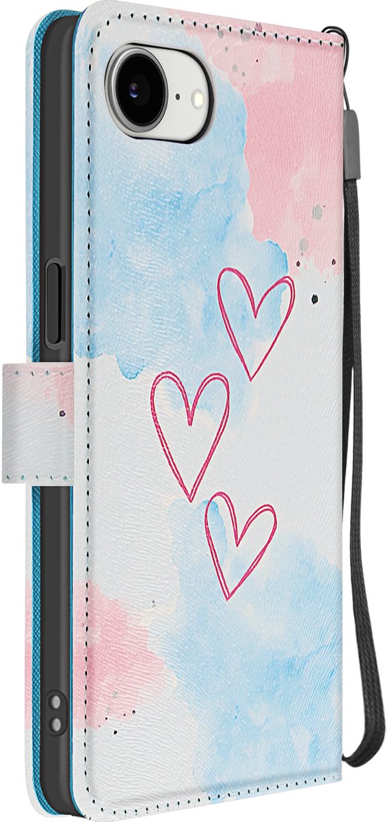 Avizar Hoesje Geschikt voor Apple iPhone 16 Hart met riem en kaarthouder, Blauw / Roze