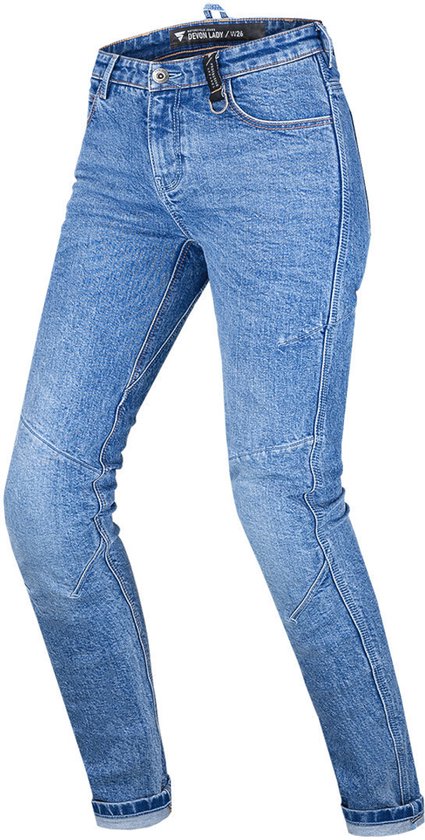 Voorkant van een dames skinny jeans in lichtblauw denim met opgestikte naden op de knieën en contrasterende stiksels.