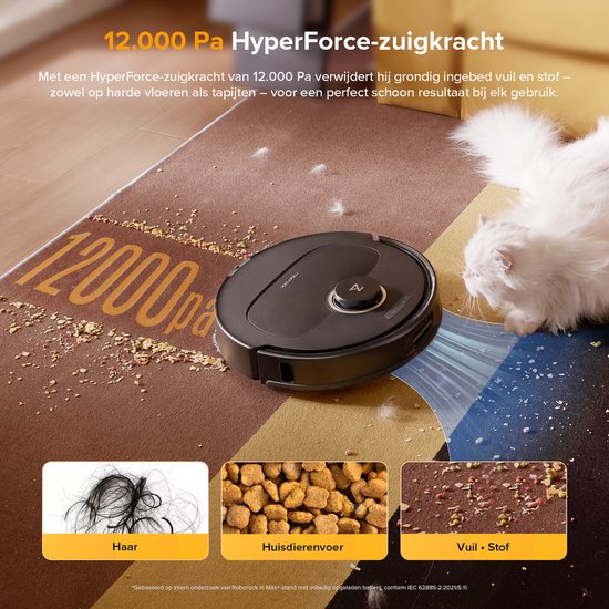 Roborock robotstofzuiger met 12000 Pa zuigkracht verwijdert haar, dierenvoer en vuil.