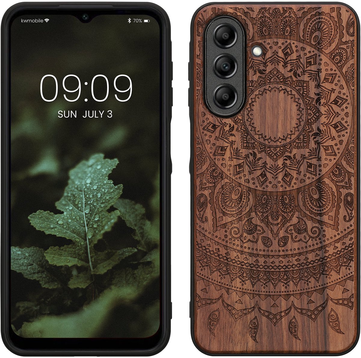 kwmobile telefoonhoesje geschikt voorSamsung Galaxy A26 5G - Hoesje met bumper - hout - In donkerbruin Indian Sun design